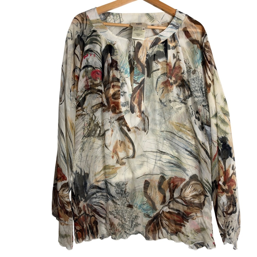 Fuzzi Italy Sheer Silk Floral Blouse  Split Neck designer artsy abstract earthy